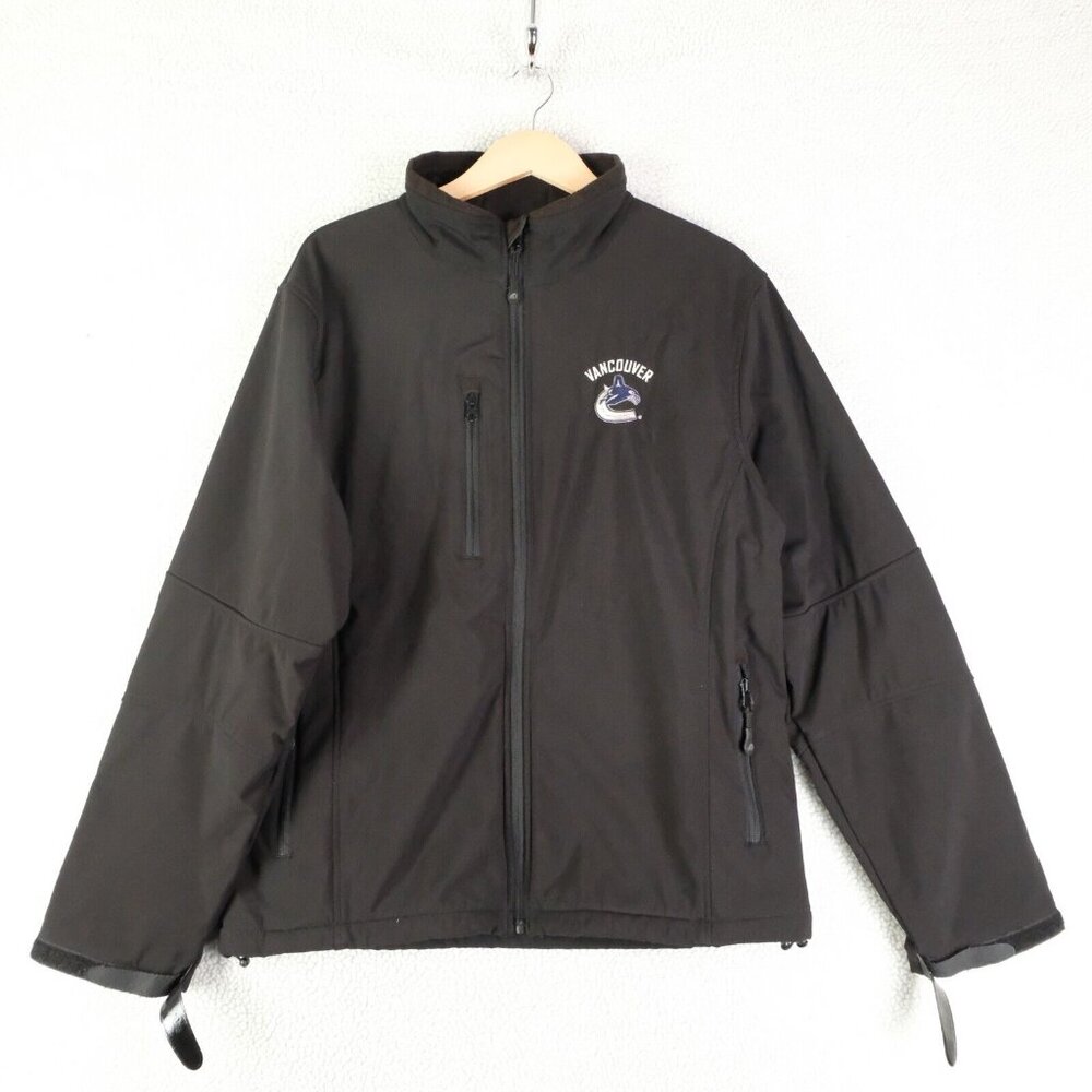 Vintage Vancouver Cunucks Jacket Mens Medium Black Solf Shell Fleece Lined Waves